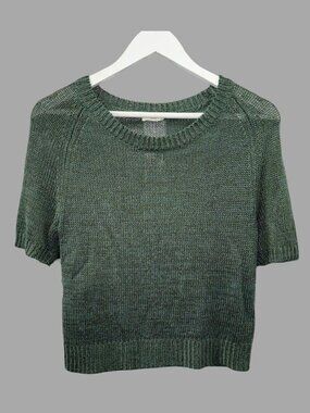 DRIES VAN NOTEN Green Linen Blend Short Sleeve Open Weave Knit Sweater Sz Medium
